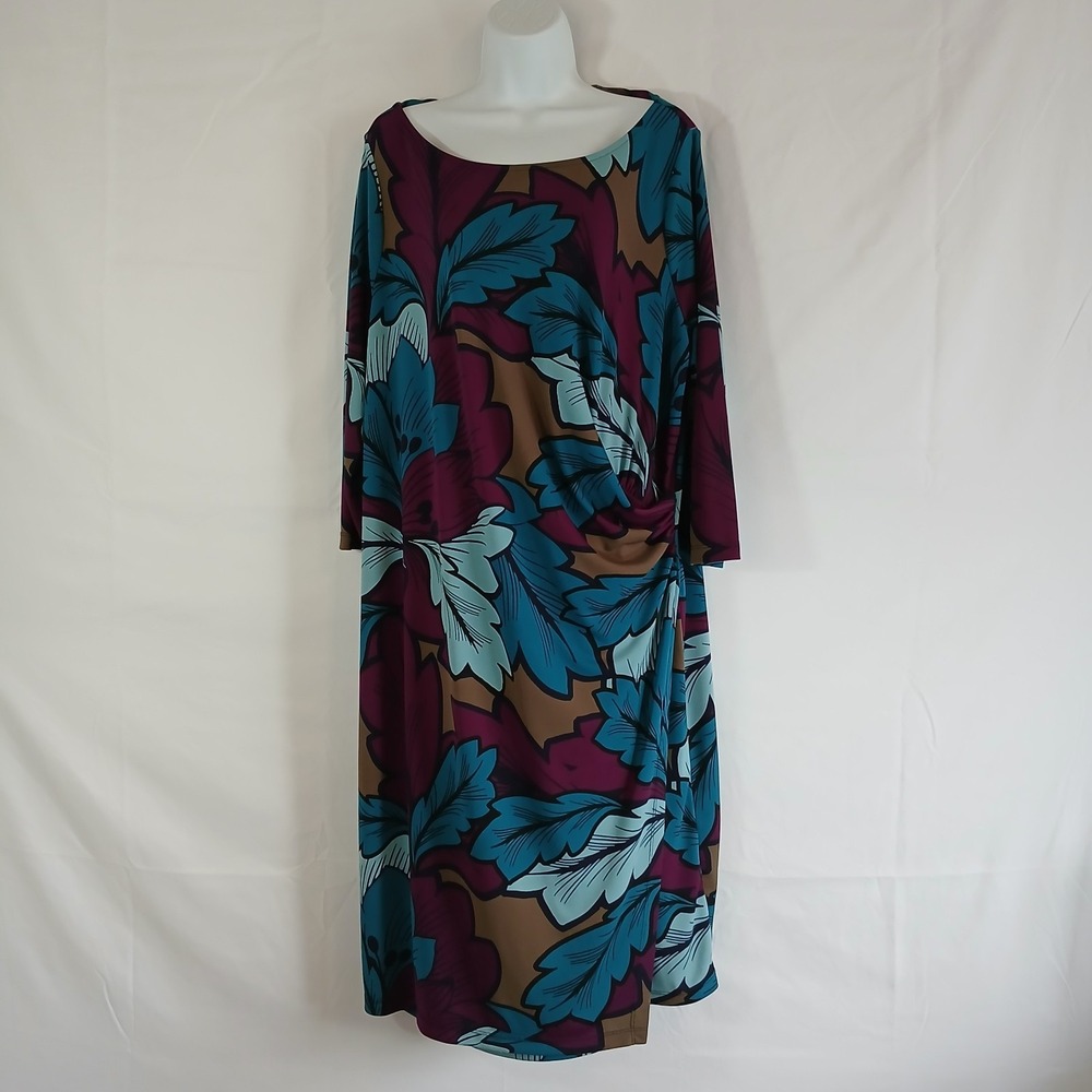 Talbots Dress Colorful Leaf Patterns Wrap Ruching Sz 2X Casual Travel Office...